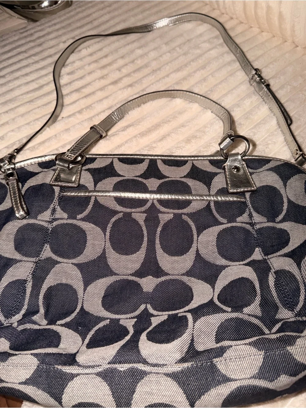 2012 Coach Navy and Gray Signature Shoulder Bag with Silver Accents F17948